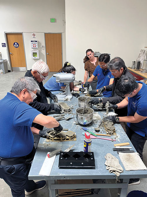ACI Philippines Chapter representatives practicing ASTM C109/C109M mortar cube fabrication at the SoCal RC.